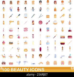 100 Schönheitssymbole. Zeichentrickillustration von 100 Schönheit Icons Vektor gesetzt isoliert auf weißem Hintergrund. 100 Schönheitssymbole, Zeichentrickstil Stock Vektor