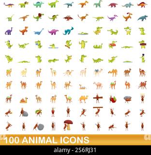 100 Tiersymbole gesetzt. Zeichentrickillustration von 100 Tiersymbolen Vektorsatz isoliert auf weißem Hintergrund. 100 Tiersymbole im Cartoon-Stil Stock Vektor