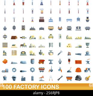 100 Werkssymbole eingestellt. Zeichentrickillustration von 100 Fabriksymbolen Vektor-Satz isoliert auf weißem Hintergrund. 100 Fabriksymbole im Zeichentrickstil Stock Vektor