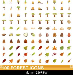 100 Symbole für die Gesamtstruktur eingestellt. Cartoon-Illustration von 100 Wald-Icons Vektor-Set isoliert auf weißem Hintergrund. 100 Waldsymbole im Zeichentrickstil Stock Vektor