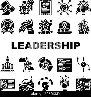 Leadership Leader Business Skill Symbole Setzen Vektor. Motivation Karriere Von Mitarbeitern Und Managern, Netzwerkkommunikation Und Planungsstrategie, Geschäftsmann Führung Glyph-Piktogramme Schwarze Illustrationen. Leadership Leader Business Skill Symbole Setzen Vektor Stock Vektor
