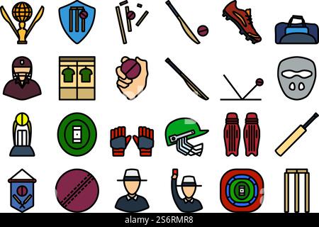 Cricket-Icon-Set. Editierbare Fett Formatigte Kontur Mit Farbfüllungsdesign. Vektorgrafik. Stock Vektor