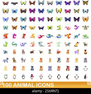 100 Tiersymbole gesetzt. Zeichentrickillustration von 100 Tiersymbolen Vektorsatz isoliert auf weißem Hintergrund. 100 Tiersymbole im Cartoon-Stil Stock Vektor