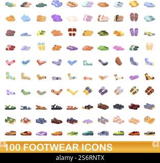 100 Symbole für Schuhe. Zeichentrickillustration von 100 Schuhsymbolen Vektorsatz isoliert auf weißem Hintergrund. 100 Schuhsymbole im Zeichentrickstil Stock Vektor