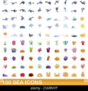 100 SEA-Symbole gesetzt. Zeichentrickillustration von 100 Meer-Ikonen Vektor-Set isoliert auf weißem Hintergrund. 100 Ikonen im Meer, Cartoon-Stil Stock Vektor