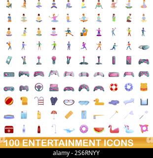 100 Entertainment-Symbole eingestellt. Zeichentrickillustration von 100 Unterhaltungssymbolen Vektor auf weißem Hintergrund lokalisiert. 100 Unterhaltungssymbole im Zeichentrickstil Stock Vektor