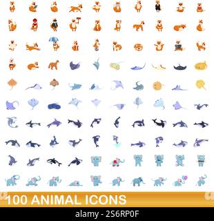 100 Tiersymbole gesetzt. Zeichentrickillustration von 100 Tiersymbolen Vektorsatz isoliert auf weißem Hintergrund. 100 Tiersymbole im Cartoon-Stil Stock Vektor