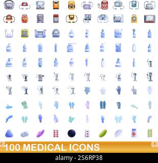 100 medizinische Symbole gesetzt. Zeichentrickillustration von 100 medizinischen Ikonen Vektor-Satz isoliert auf weißem Hintergrund. 100 medizinische Ikonen Set, Zeichentrickstil Stock Vektor