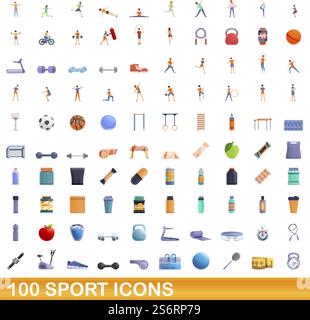 100 Sportsymbole eingestellt. Cartoon-Illustration von 100 Sport-Icons Vektor-Set isoliert auf weißem Hintergrund. 100 Sportsymbole im Zeichentrickstil Stock Vektor