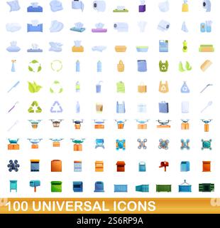 100 universelle Symbole. Zeichentrickillustration von 100 universellen Symbolen Vektor-Satz isoliert auf weißem Hintergrund. 100 universelle Symbole im Cartoon-Stil Stock Vektor