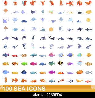 100 SEA-Symbole gesetzt. Zeichentrickillustration von 100 Meer-Ikonen Vektor-Set isoliert auf weißem Hintergrund. 100 Ikonen im Meer, Cartoon-Stil Stock Vektor