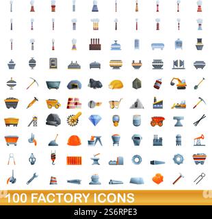 100 Werkssymbole eingestellt. Zeichentrickillustration von 100 Fabriksymbolen Vektor-Satz isoliert auf weißem Hintergrund. 100 Fabriksymbole im Zeichentrickstil Stock Vektor