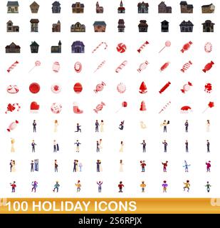100 Weihnachtssymbole gesetzt. Zeichentrickillustration von 100 Feiertagsymbolen Vektor auf weißem Hintergrund lokalisiert. 100 Weihnachtssymbole im Zeichentrickstil Stock Vektor