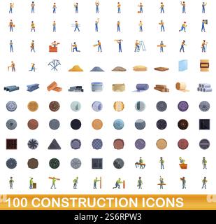 100 Bausymbole gesetzt. Zeichentrickillustration von 100 Bausymbolen Vektor-Set isoliert auf weißem Hintergrund. 100 Bausymbole im Cartoon-Stil Stock Vektor