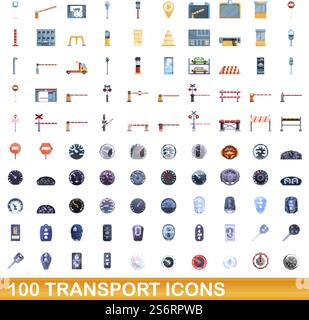 100 Transportsymbole eingestellt. Cartoon-Illustration von 100 Transport-Icons Vektor-Set isoliert auf weißem Hintergrund. 100 Transportsymbole im Cartoon-Stil Stock Vektor
