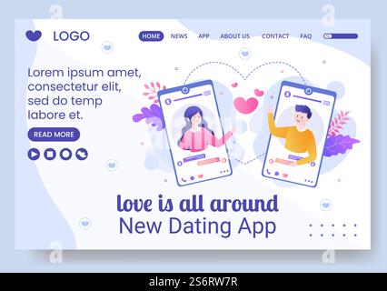 Dating-App für eine Liebe Match Landing Page Vorlage flache Design Illustration editierbar von quadratischem Hintergrund geeignet für soziale Medien oder Valentinstag Grußkarte Stock Vektor