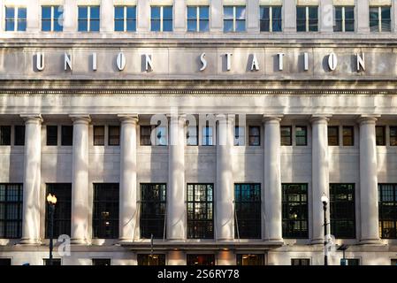 Außenansicht der Union Station an der Canal Street im Zentrum von Chicago, Illinois, USA. Stockfoto