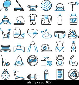 Fitness-Symbol-Set. Editierbare Fett Formatigte Kontur Mit Farbfüllungsdesign. Vektorgrafik. Stock Vektor