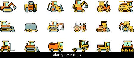 Symbole für landwirtschaftliche Maschinen legen den Konturvektor fest. Mähdrescher ernten. Landmaschinen. Symbole für landwirtschaftliche Maschinen legen den Konturvektor fest. Mähdrescher ernten Stock Vektor