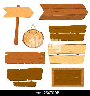 Isolierte Holzdielen. Zeichentrickschild, Holzbrettbanner. Hängende Schilder, alte rustikale Tafel und Straßenzeiger kürzlich. Vektorspiel-Elemente-Set. Illustration Holzplakat, leeres Tafelbanner. Isolierte Holzdielen. Zeichentrickschild, Holzbrettbanner. Hängende Schilder, alte rustikale Tafel und Straßenzeiger kürzlich. Vektorspiel-Elemente-Set Stock Vektor
