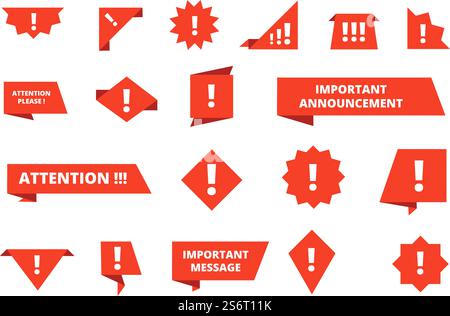 Wichtige Werbebanner. Textinformationen, Hinweisschilder. Isolierte rote Gefahrenmeldung, Risikovorsichtshinweis, Vektorsatz. Abbildung wichtige Meldung, Warnhinweis und Benachrichtigung. Wichtige Werbebanner. Textinformationen, Achtung, bitte beachten Sie Abzeichen. Isolierte rote Gefahrenmeldung, Risikovorsichtshinweise gesetzt Stock Vektor