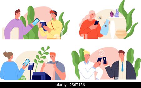 Menschen und bargeldlose Zahlungen. Moderne flache Frau mit Debitkarte, isolierte Männer zahlen kontaktlos. Transaktionsvektorset für Zahlungsservices. Bargeldlose Bezahlung, Zahlung per Handy und Smartphone Illustration. Menschen und bargeldlose Zahlungen. Moderne flache Frau mit Debitkarte, isolierte Männer zahlen kontaktlos. Zahlungs-Services Transaktions-Out-Vektorsatz Stock Vektor