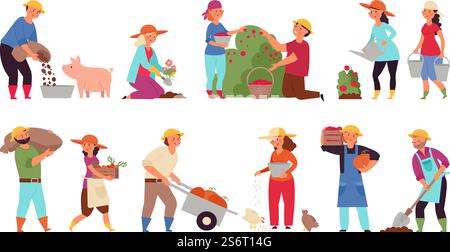 Landwirte bei der Arbeit. Landarbeiter, isolierte Bauern ernten. Industrielle Landwirtschaft, landwirtschaftlicher Mensch, der im Garten-Vektor-Set pflanzt. Illustration Landwirtschaft und Landwirtschaft, Gärtner und Arbeiter. Landwirte bei der Arbeit. Landarbeiter, isolierte Bauern ernten. Industrielle Landwirtschaft, landwirtschaftlicher Mensch, der im Garten anständige Vektorsatz pflanzt Stock Vektor