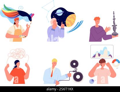 Mentale Denkweisen. Menschliche Emotionen, unterschiedliche Verhaltensweisen und Denkweisen. Flache Menschen Persönlichkeit Geist, Gehirn kreative Working-Äußerung Vektor-Set. Illustration Charakter Mindset, Gefühlspsychologie. Mentale Denkweisen. Menschliche Emotionen, unterschiedliche Verhaltensweisen und Denkweisen. Flache Menschen Persönlichkeit Geist, Gehirn kreative Working-Äußerung Vektor-Set Stock Vektor