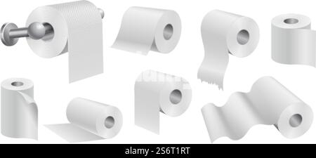 Weiße Toilettenpapierrollen. Realistische Papiere, isolierte sanitäre Küchentücher. Weicher Hygiene-Vektor-Satz Papierrolle, realistische Badezimmer weiche Wischillustration. Weiße Toilettenpapierrollen. Realistische Papiere, isolierte sanitäre Küchentücher. Vektorset für weiche Hygiene Stock Vektor