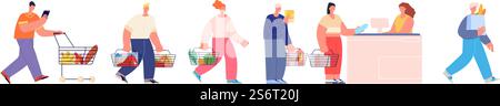 Warteschlange an Kassierer. Leute warten an, Mann, der Essen im Supermarkt kauft. Lebensmittelgeschäft Kunden, isolierte flache Käufer führen ein Vektorkonzept aus. Illustration Warteschlange bei Kassierer, stehende Personen stehen an. Warteschlange an Kassierer. Leute warten an, Mann, der Essen im Supermarkt kauft. Lebensmittelgeschäft Kunden, isolierte flache Käufer führen ein Vektorkonzept aus Stock Vektor