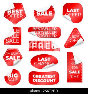 Rote gewellte Verkaufsaufkleber. Rabattetiketten mit gewellter Kante, preisgünstige Etiketten. Isolierte Filialabzeichen, weihnachten oder saisonale Sonderpreise Vektorsatz. Verkaufspreis für Illustrationsetiketten, Aktionsaufkleber-Set. Rote gewellte Verkaufsaufkleber. Rabattetiketten mit gewellter Kante, preisgünstige Etiketten. Isolierte Filialabzeichen, weihnachten oder saisonale Sonderpreise kürzlich Vektor-Set Stock Vektor
