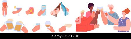 Leute, die Getränke halten. Hände mit Drink, Freunde klirren Gläser. Handgriff Dose oder Flaschen, Teenager feiern mit Getränkeklappe Vektor-Set. Illustration Alkohol Bier, Leute halten trinken. Leute, die Getränke halten. Hände mit Drink, Freunde klirren Gläser. Handgriff Dose oder Flaschen, Teenager feiern mit Getränkeklappe Vektor-Set Stock Vektor