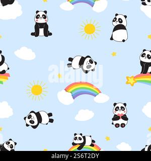 Niedliches Pandabuck. Kindliches nahtloses Muster mit Pandas, Regenbogen und Sonne. Zeichentrickfilm Wildtier Vektor Textur. Abbildung: Sich wiederholender Hintergrund-Panda. Niedliches Pandabuck. Kindliches nahtloses Muster mit Pandas, Regenbogen und Sonne. Zeichentrickfilm Wildtier Vektor Textur Stock Vektor