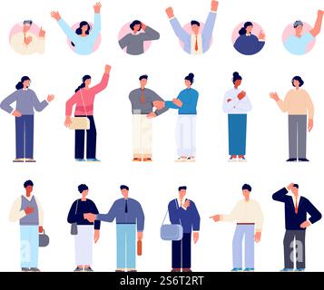Geschäftsleute sind Avatare. Emotionale Charaktere, Handschlag und Erfolg. Glückliche Frau und Mann, männliche Frau im Büro im Vektor-Set. Illustration der Emotionen, des Handschlags und des Geschäfts des Avatars. Geschäftsleute sind Avatare. Emotionale Charaktere, Handschlag und Erfolg. Glückliche Frau und Mann, männliche Frau im flachen Büro in Uniform-Vektor-Set Stock Vektor