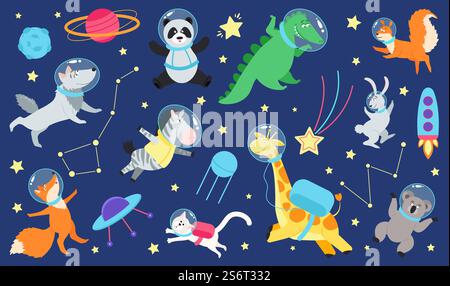 Cartoon Space Tiere. Niedliches Astronautentier im Kostüm, Universumsreise auf Raumschiff. Kinder Aufkleber, Kinder Traum Kosmos Abenteuer Vektor Set. Illustration von Panda und Krokodil, Wolf und Giraffe. Cartoon Space Tiere. Niedliches Astronautentier im Kostüm, Universumsreise auf Raumschiff. Kinder Aufkleber, Kinder Traum Kosmos Abenteuer anständige Vektor-Set Stock Vektor