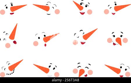 Schneemannsgesicht. Schneemänner lächelnde Gesichter, Möhrennase im Winter. Niedliche grafische weihnachtsdekorationen für Aufkleber, Karten, Banner anständige Vektor-Set. Illustration eines Schneemannscharakters mit Karotte. Schneemannsgesicht. Schneemänner lächelnde Gesichter, Möhrennase im Winter. Niedliche grafische weihnachtsdekorationen für Aufkleber, Karten, Banner anständige Vektor-Set Stock Vektor