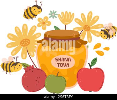 Jüdisches Neujahrsfest, Rosch hashanah. Glückliche shana Tova, fliegende Biene. Weihnachtssymbole Honig, Apfel und Granatapfel Vektorkonzept. Illustration hashana-Feier, traditioneller Gruß. Jüdisches Neujahrsfest, Rosch hashanah. Glückliche shana Tova, fliegende Biene. Weihnachtssymbole Honig, Apfel und Granatapfel Vektorkonzept Stock Vektor