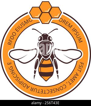 Vintage-Biene-Logo. Waben und Wespen, neuer Retro-Aufkleber für die Honigernte. Vektorabzeichen für den ländlichen Agrarmarkt. Illustration von Bieneninsekten, Honigetikett und Logo. Vintage-Biene-Logo. Waben und Wespen, neuer Retro-Aufkleber für die Honigernte. Vektorabzeichen für den ländlichen Agrarmarkt Stock Vektor