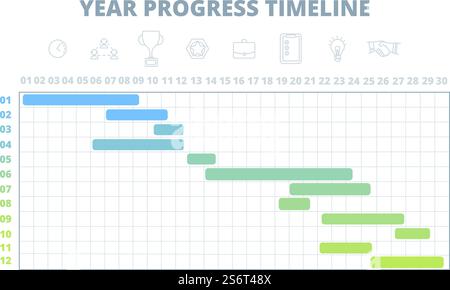 Projektplan. Jahreszeitachse, Vorlage für Arbeitsentwicklungsdiagramm. Gantt-Diagramm für Unternehmensstart, Infografik-Kalender. Planung von Outlet-Vektorschema. Zeitrahmen und Diagrammprozess für den Projektplan. Projektplan. Jahreszeitachse, Vorlage für Arbeitsentwicklungsdiagramm. Gantt-Diagramm für Unternehmensstart, Infografik-Kalender. Planung von Outlet-Vektorschema Stock Vektor