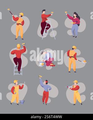 Arbeitende Maler. Wandmalerei Hausreparaturarbeiter professionelle Leute grellen Vektor-Illustration. Arbeiter und Maler, Innenraum reparieren. Arbeitende Maler. Wandmalerei Hausreparaturarbeiter professionelle Leute grellen Vektor-Illustrationen Stock Vektor