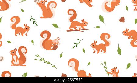 Niedliches Eichhörnchenmuster. Wildtiere im Wald, Zeichentrick rote Eichhörnchen Vektor nahtlose Textur. Tierwald Tierwelt, nahtlose Muster Wald mit Tierillustration. Niedliches Eichhörnchenmuster. Wildtiere im Wald, Zeichentrick rote Eichhörnchen Vektor nahtlose Textur Stock Vektor