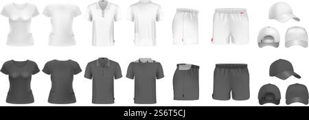 Realistisches Sportrikot-Modell. T-Shirt-Kappen für männliche Frauen. Schwarz-weiße Sportlerbekleidung. Isoliertes Unterhosen-Vektorset. Einheitliches Mockup-Shirt, realistische Sportbekleidung, T-Shirt vorne und Body-Illustration. Realistisches Sportrikot-Modell. Männliche weibliche T-Shirt Shorts und Kappen. Schwarz-weiße Sportlerbekleidung. Isoliertes Unterhemd und Unterhosen Vektor-Set Stock Vektor