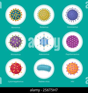 Virensammlung. Bakterium Laborviren stamm Klinik medizinische Symbole Mikroorganismus krank neue Vektor Illustrationen Sammlung. Mikrobiologisches Papillomavirus und Norovirus, Herpes und ebola. Virensammlung. Bakterium Laborviren stamm Klinik medizinische Symbole Mikroorganismus krank neue Vektor Illustrationen Sammlung Stock Vektor