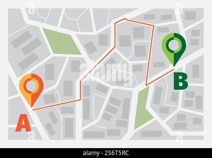 Navigator für die Straße. UI-Vorlage Route mit Punkten Pin Map Draufsicht Distanz Visualisierung grell Vektor Navigator Bildschirm. Straße, Abbildung Routennavigation, ui-Stadtplan. Navigator für die Straße. UI-Vorlage Route mit Punkten Pin Map Draufsicht Distanz Visualisierung grell Vektor Navigator Bildschirm Stock Vektor