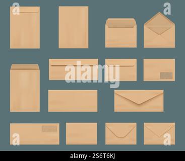 Erstellen Sie Briefumschläge. Geschäftsidentität Schreibwaren a4 Druck Mockup Sammlung Vintage Briefe von Craft Paper anständige Vektor realistische Bilder Set. Illustration Umschlag Handwerk, Papier Firmenpost. Erstellen Sie Briefumschläge. Geschäftsidentität Schreibwaren a4 Druck Mockup Sammlung Vintage Briefe von Craft Paper anständige Vektor realistische Bilder Set Stock Vektor