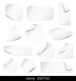 Aufkleber mit gewellten Ecken. Papier gekrümmte Kante, weiße Etiketten für Lagerwaren. Gewellte Etiketten Modell, Runde quadratische, rechteckige leere klebrige Blätter neueren Vektorsatz. Leerer Papieraufkleber mit Illustration zur Wellenung an den Ecken. Aufkleber mit gewellten Ecken. Papier gekrümmte Kante, weiße Etiketten für Lagerwaren. Gewellte Etiketten Modell, Runde quadratische, rechteckige leere klebrige Blätter neueren Vektorsatz Stock Vektor