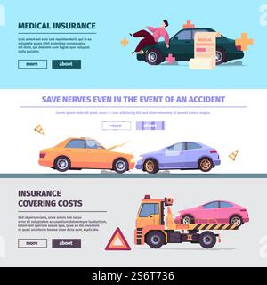 Banner für Versicherungsfahrzeuge. Unfall auf der Straße mit beschädigten Fahrzeugen Straßenverkehrselemente grellen Vektorvorlagen mit Platz für Text. Abbildung: Sicherer Unfall auf der Straße. Banner für Versicherungsfahrzeuge. Unfall auf der Straße mit beschädigten Fahrzeugen Straßenverkehrselemente grellen Vektorvorlagen mit Platz für Text Stock Vektor