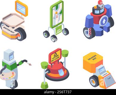 Roboterberuf. Androiden Arbeiter Ärzte Künstler Postmann intelligente Helfer für Menschen unterstützen Bot persönliche Kommunikation Vektor isometrische Illustrationen. Roboter android, Cyborg Beruf und Arbeit. Roboterberuf. Androiden Arbeiter Ärzte Künstler Postmann intelligente Helfer für Menschen unterstützen Anwendung Bot persönliche Kommunikation grell Vektor isometrische Illustrationen Stock Vektor