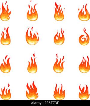 Symbole für den Zeichentrickfilm. Orangefarbene Flammensymbole, Flammenembleme. Isoliertes Lagerfeuer, brennendes Lagerfeuer. Entflammbar, gefährlich oder entzündet neue Vektorelemente. Abbildung: Feuerorange, Flammenwärme. Symbole für den Zeichentrickfilm. Orangefarbene Flammensymbole, Flammenembleme. Isoliertes Lagerfeuer, brennendes Lagerfeuer. Entflammbar, gefährlich oder entzündet neue Vektorelemente Stock Vektor