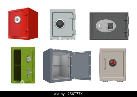 Safe aus Stahl. Sicherheit 3D Box persönliche Investition große Garderobe mit großen elektronischen Schließfächern anständige Vektor realistische Sammlung Set. Illustration Schloss sicher, Stahlkastenschutz, Systemgeheimnis. Safe aus Stahl. Sicherheit 3D Box persönliche Investition Schützen Sie große Garderobe mit großen elektronischen Schließfächern anständige Vektor realistische Sammlung Set Stock Vektor